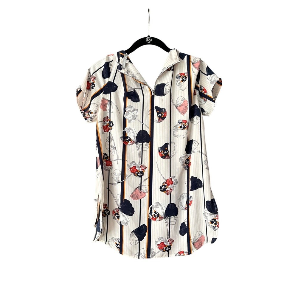 Daniel Rainn‎ Women Small Floral Striped Zip Neck Short Sleeve Blouse Cream Navy